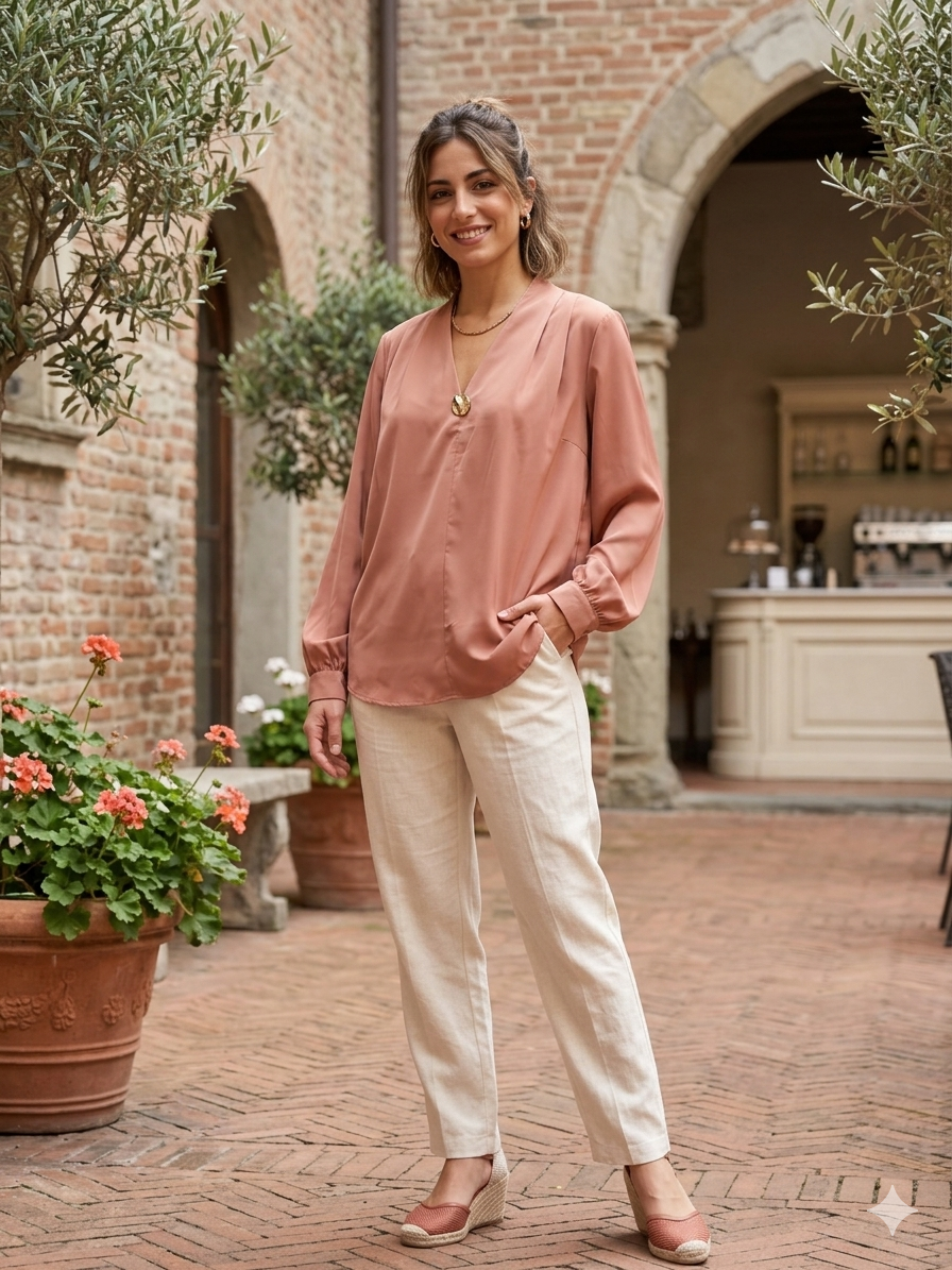 Casacca Ernesta in Tonalità Terracotta con Spilla Centrale e Maniche Lunghe