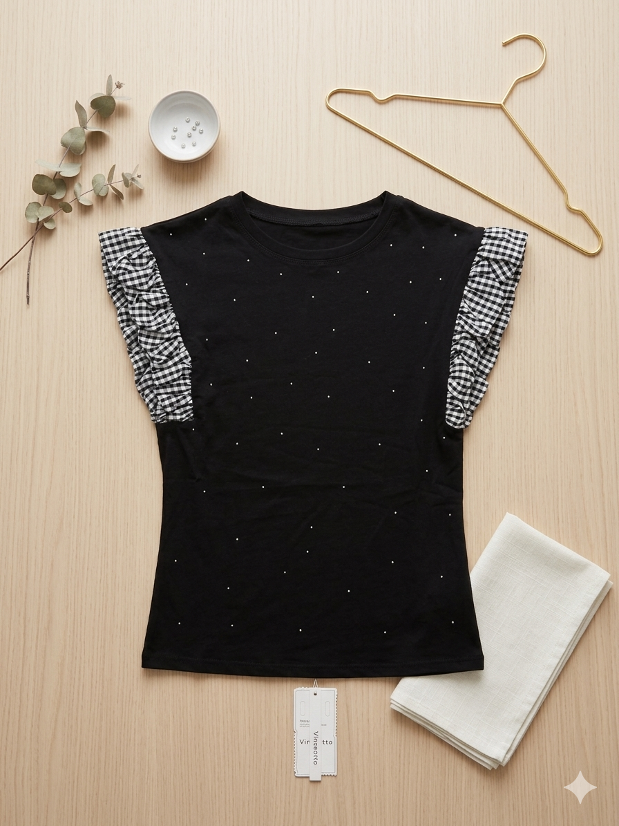 T-shirt Vichy con Maniche a Ruffle