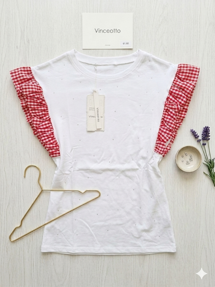 T-shirt Vichy con Maniche a Ruffle