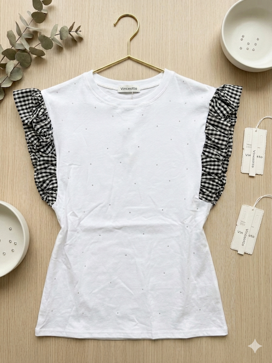 T-shirt Vichy con Maniche a Ruffle