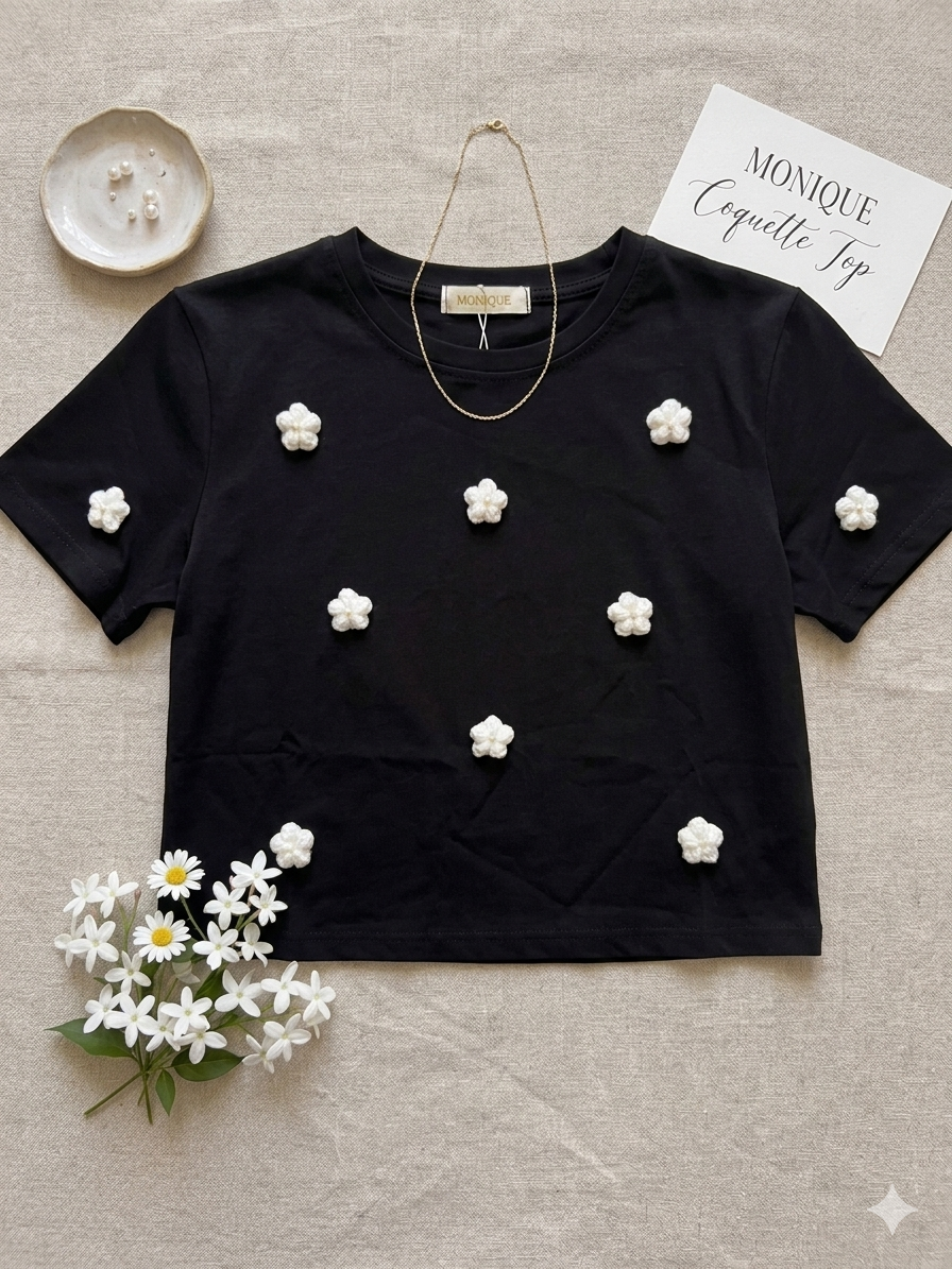 🖤🤍 Crop Top con Fiorellini in Rilievo 🌸 – MONIQUE
